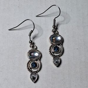 Silver Tone Triple Tier Pierced Dangle Earrings Blue Clear Stone Boho Fish Hook